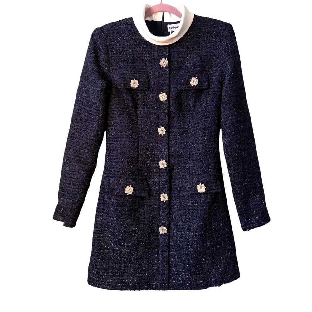 Self Portrait Navy Boucle Long Sleeve Mini Dress Pearl Buttons Size‎ US 6 NWT - Picture 5 of 10